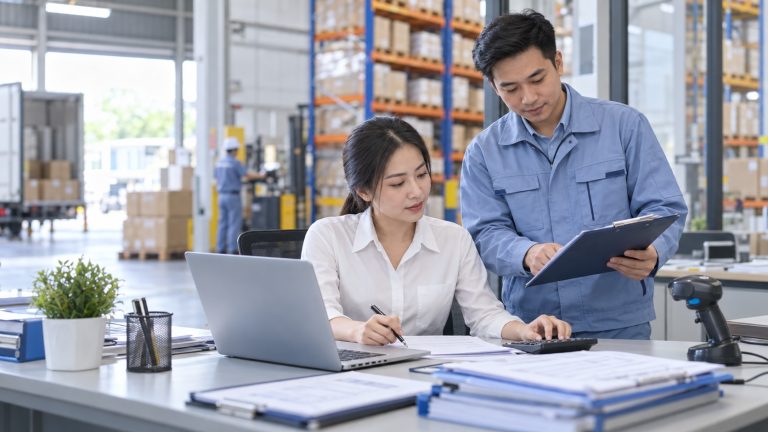 Ảnh minh họa nhân viên kế toán phối hợp quản lý số liệu và hàng hóa trong kho